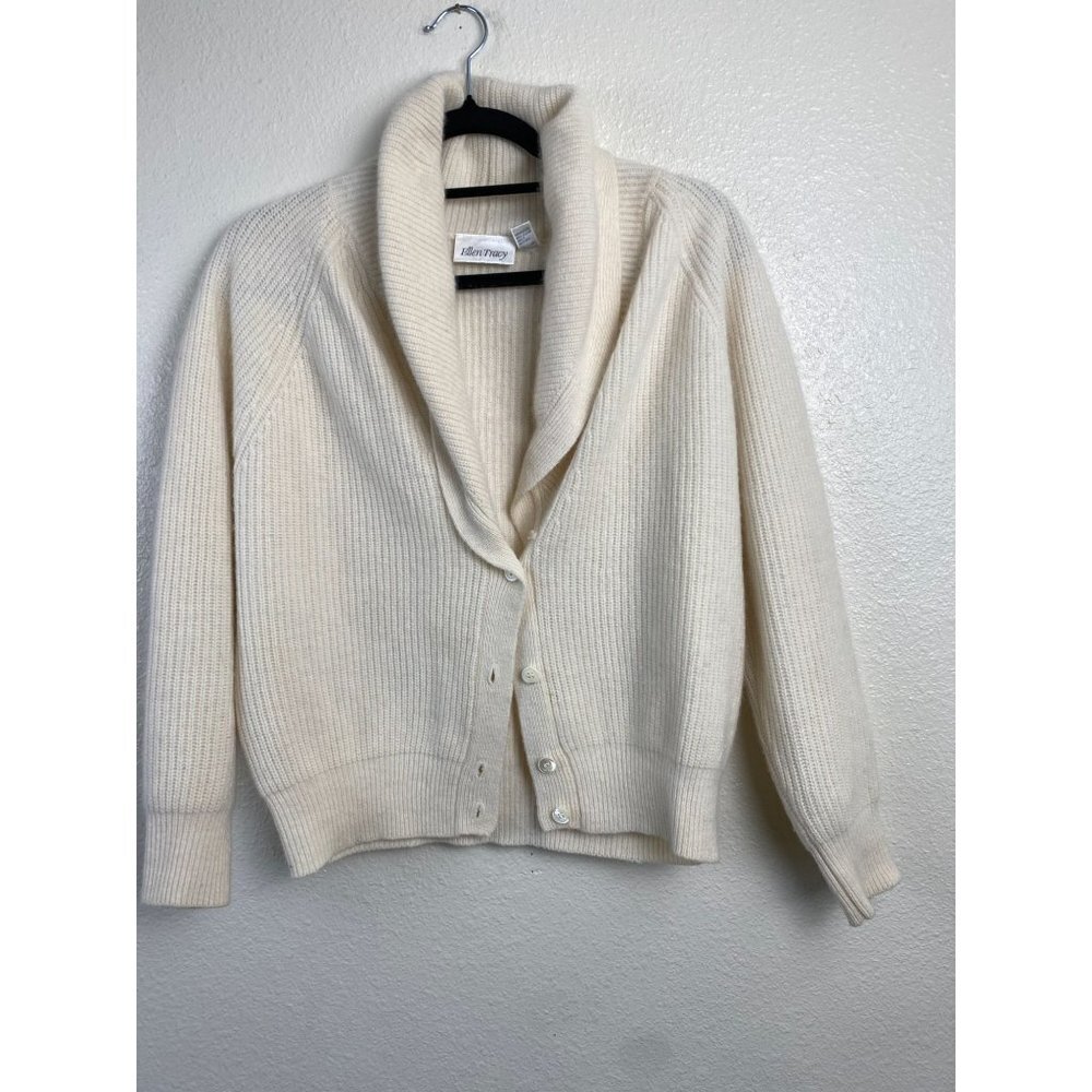 Vintage Ellen‎ Tracy Sweater Cardigan Womens size Medium Cream Lambswool Angora